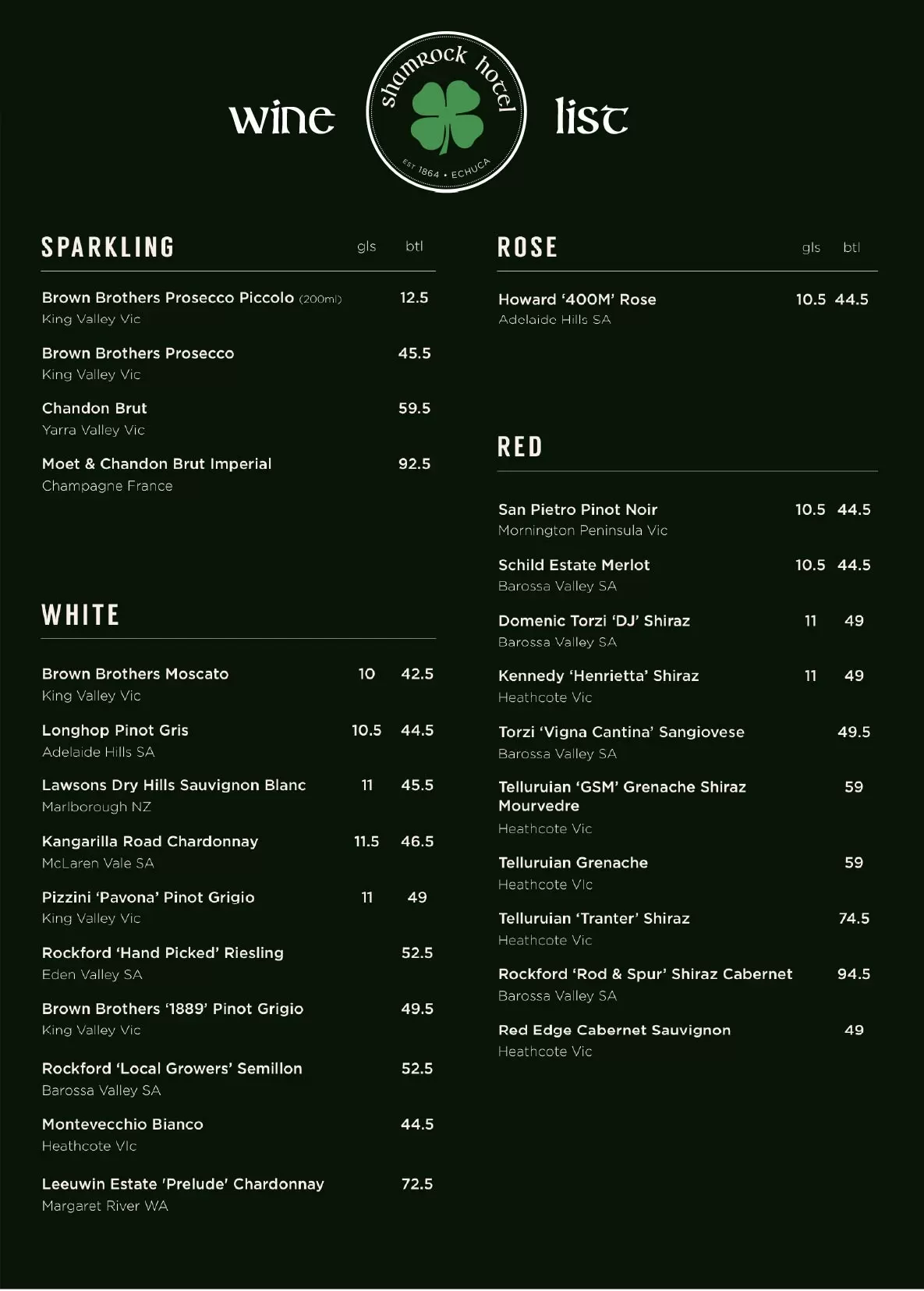 Shamrock Wine List
